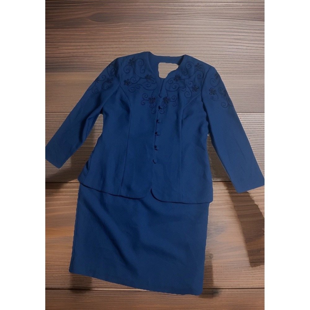Vintage80"s Karin Stevens Blue Embroidered Floral  1 Peace,  Suit Women Sz-12